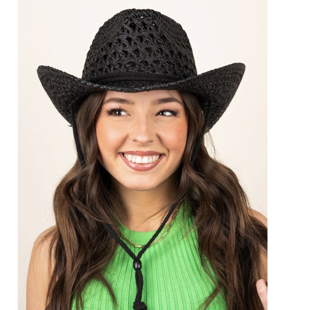 Straw braided cowboy hat natural beige black chin strap stampede strings…
